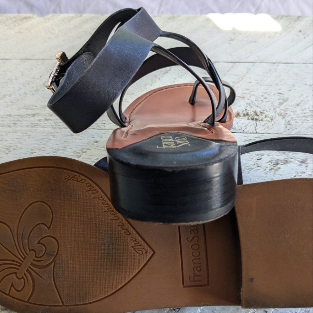 Franco Sarto Ina Black Strappy Leather Sandals with Brown Footbed 8.5 - Picture 12 of 14
